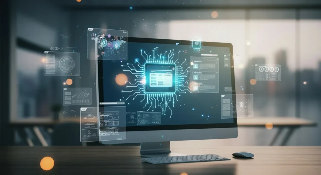 Un ingénieur logiciel devant un écran complexe montrant l'architecture système d'un projet de Développement Web Niveau Entreprise.