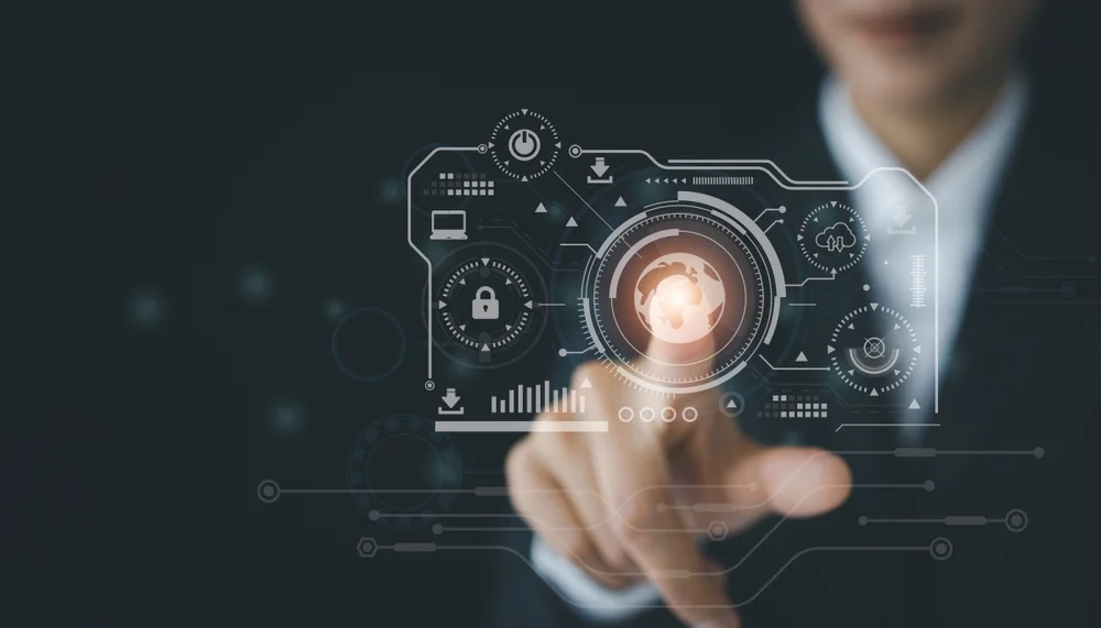 Une image conceptuelle montrant un dirigeant guidant son équipe à travers un pont reliant un monde analogique à un monde digital, symbolisant la Transformation digitale grande entreprise.